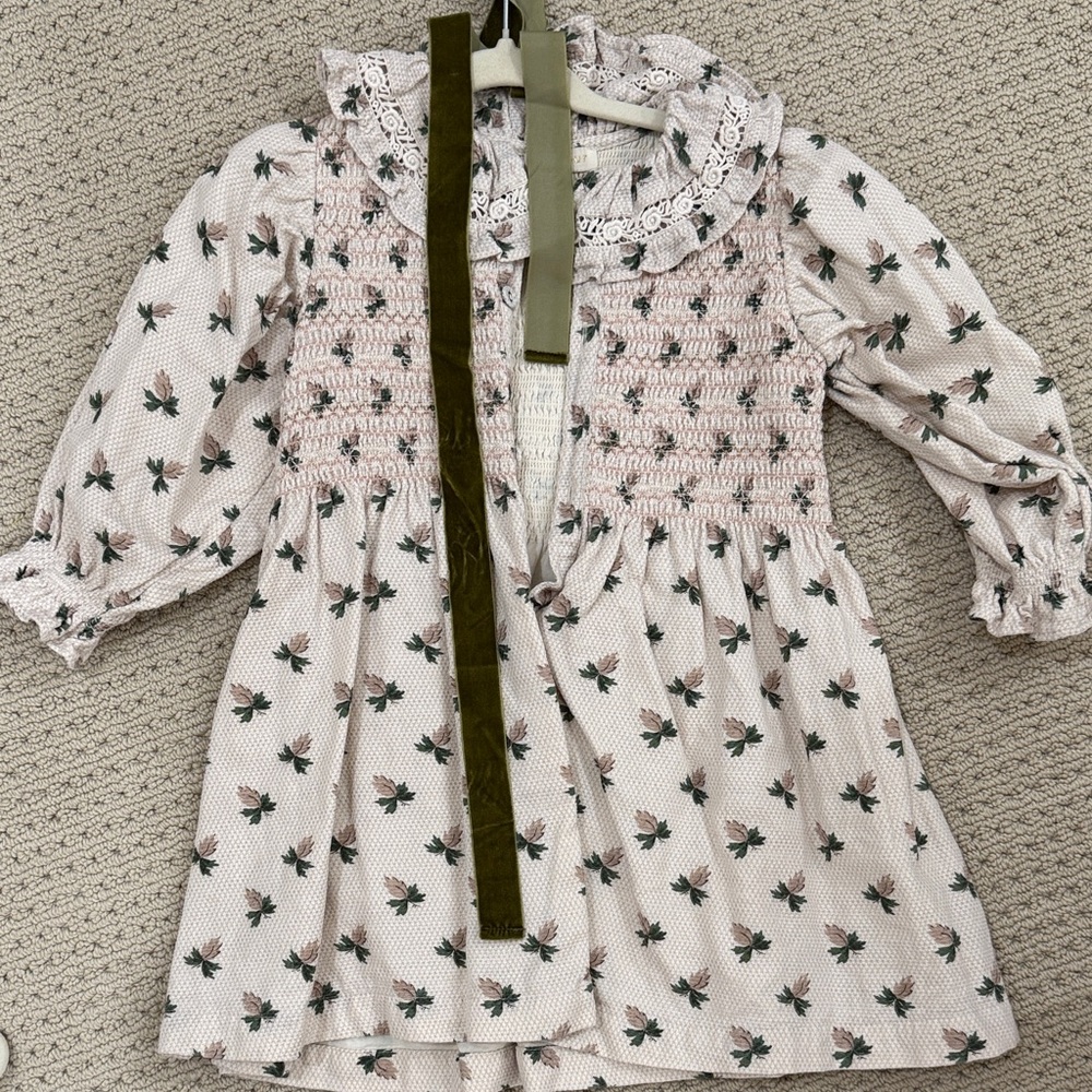 Girls' Pink Floral Smocked Long-Sleeve Dress